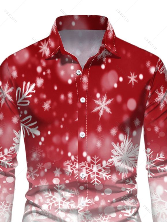 Christmas Ombre Snowflake Print Crisscross Bowknot Belted Dress and Long Sleeve Turn Down Collar Shirt Outfit - Rouge S | US 4