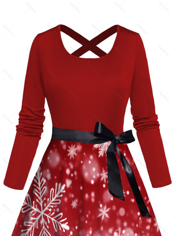 Christmas Ombre Snowflake Print Crisscross Bowknot Belted Dress and Long Sleeve Turn Down Collar Shirt Outfit - Rouge S | US 4