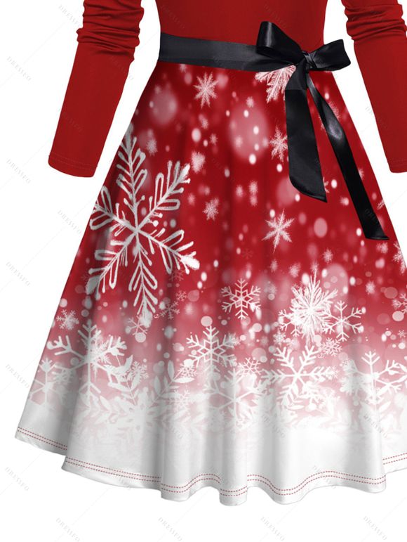 Christmas Ombre Snowflake Print Crisscross Bowknot Belted Dress and Long Sleeve Turn Down Collar Shirt Outfit - Rouge S | US 4