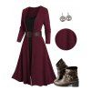 Rib Contrast Long Sleeve 2 In 1 Knit Dress and Zip Up Chunky Heel Punk Boots Life Tree Pattern Hoop Drop Earrings Outfit - Rouge foncé S | US 4