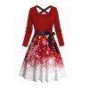 Christmas Ombre Snowflake Print Crisscross Bowknot Belted Dress and Long Sleeve Turn Down Collar Shirt Outfit - Rouge S | US 4