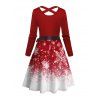 Christmas Ombre Snowflake Print Crisscross Bowknot Belted Dress and Long Sleeve Turn Down Collar Shirt Outfit - Rouge S | US 4