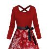 Christmas Ombre Snowflake Print Crisscross Bowknot Belted Dress and Long Sleeve Turn Down Collar Shirt Outfit - Rouge S | US 4