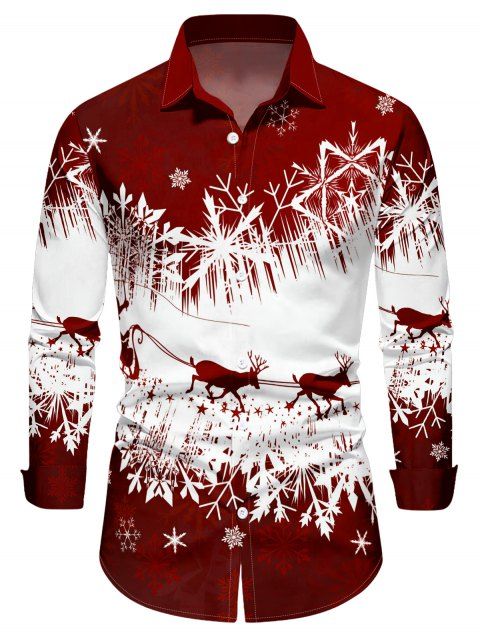 Chemise de Noël Boutonnée Cerf et Flocon de Neige Imprimés à Manches Longues à Col Relevé