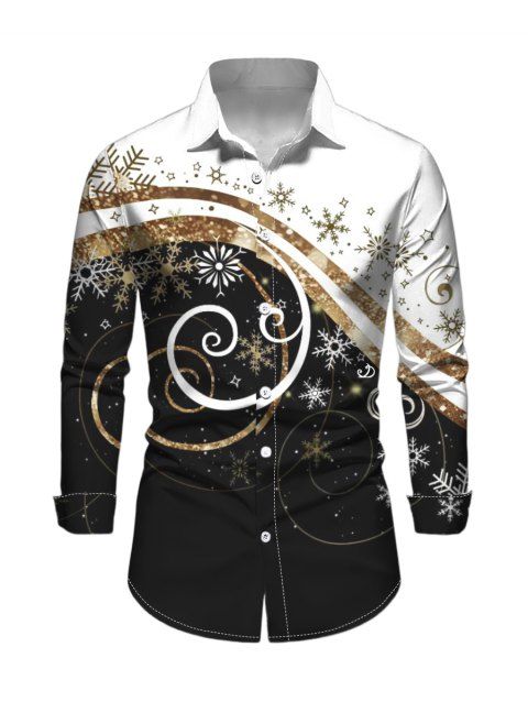 Chemise Décontractée Flocon de Neige Noël Imprimée Boutonnée à Manches Longues à Paillettes