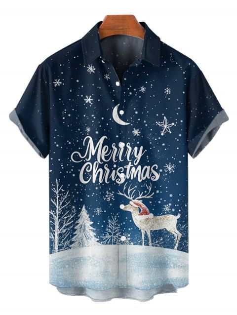 Chemise Boutonnée Cerf de Noël Lune et Neige Imprimés à Manches Courtes