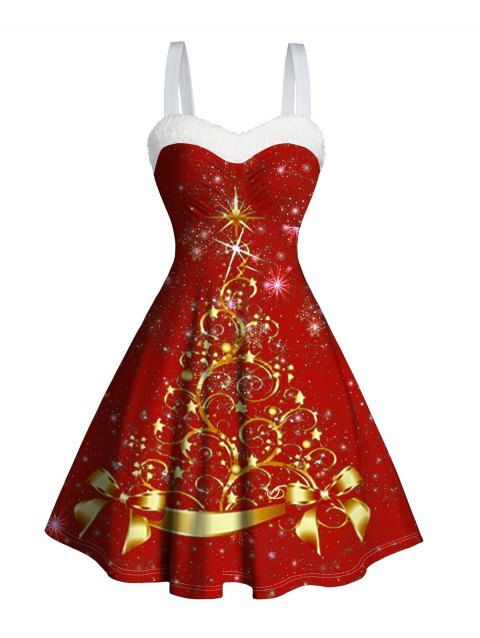 Christmas Tree Light Point Print Mini Dress Faux Fur Panel Ruched Bust Sweetheart Neck Tank Dress