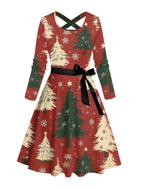 Robe Ligne A Ceinturée Croisé Sapin de Noël et Flocon de Neige Imprimés à Manches Longues