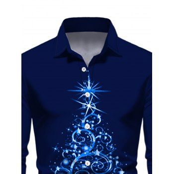 Christmas Tree Print Long Sleeve Shirt Button Up Turndown Collar Xmas Shirt