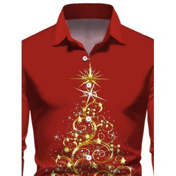 Christmas Tree Print Long Sleeve Shirt Button Up Turndown Collar Xmas Shirt