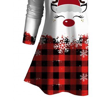 Christmas Plaid Hat Snowflake Antlers Print Contrast Color T-shirt Long Sleeve V Neck Casual Tee