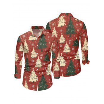 Men's Christmas Tree Snowflake Print Long Sleeve Shirt Button Up Turndown Collar Xmas Shirt