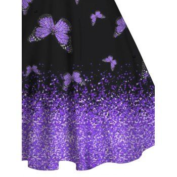 Butterfly Print Mini Dress Faux Fur Panel Ruched Bust Sweetheart Neck Tank Dress 