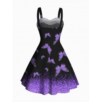 Butterfly Print Mini Dress Faux Fur Panel Ruched Bust Sweetheart Neck Tank Dress 