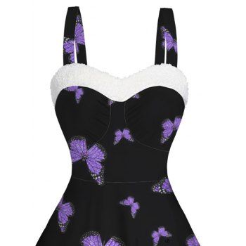 Butterfly Print Mini Dress Faux Fur Panel Ruched Bust Sweetheart Neck Tank Dress 