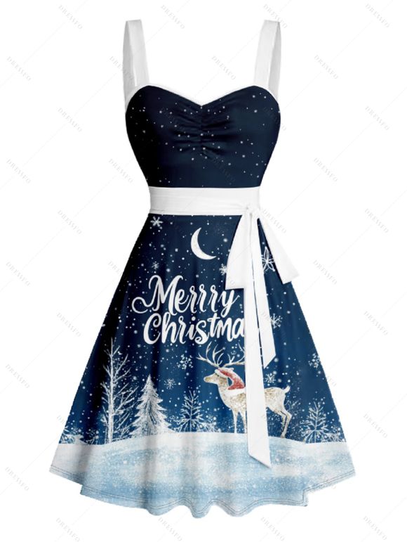 Mini Robe Evasée Ceinturée Lune Lettre et Neige Imprimés à Volants - Bleu de Minuit XXXXXL | US 20