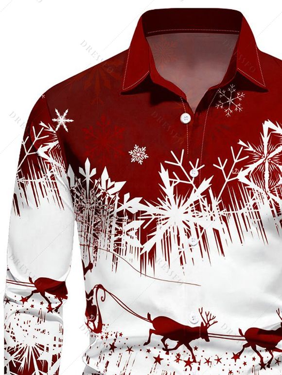 Chemise de Noël Boutonnée Cerf et Flocon de Neige Imprimés à Manches Longues à Col Relevé - Rouge foncé 5XL