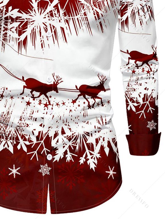 Chemise de Noël Boutonnée Cerf et Flocon de Neige Imprimés à Manches Longues à Col Relevé - Rouge foncé 5XL