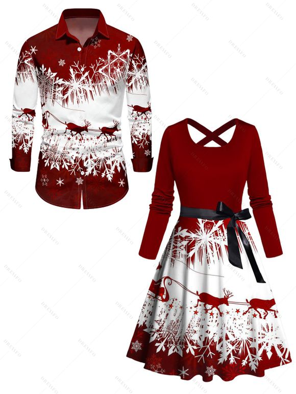 Christmas Snowflake Elk Sleigh Ride Print Crisscross Bowknot Belted Dress And Long Sleeve Shirt Matching Outfit - Rouge foncé S | US 4