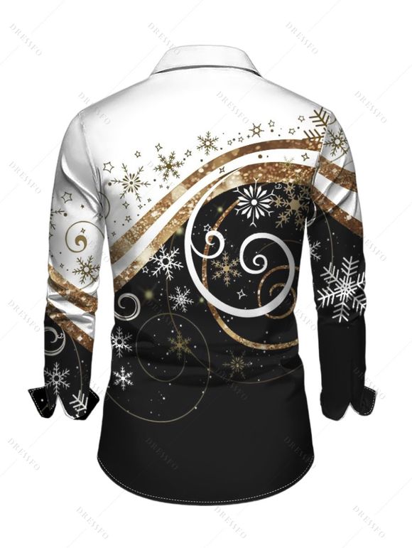 Chemise Décontractée Flocon de Neige Noël Imprimée Boutonnée à Manches Longues à Paillettes - Noir M