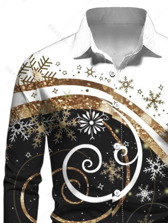 Chemise Décontractée Flocon de Neige Noël Imprimée Boutonnée à Manches Longues à Paillettes - Noir M