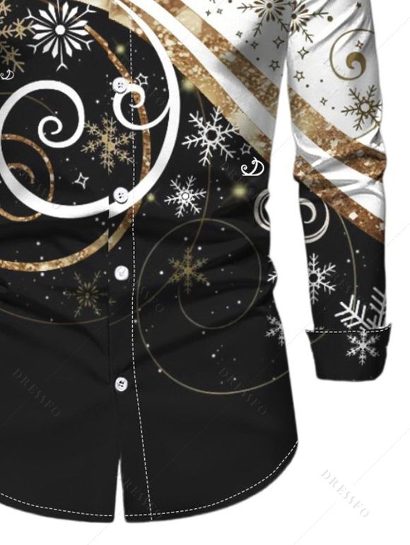 Chemise Décontractée Flocon de Neige Noël Imprimée Boutonnée à Manches Longues à Paillettes - Noir M
