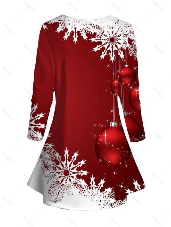 T-shirt Décontracté Flocon de Neige de Noël et Boule Imprimés à Manches Longues à Col V - Rouge L | US 8-10