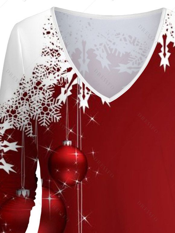 T-shirt Décontracté Flocon de Neige de Noël et Boule Imprimés à Manches Longues à Col V - Rouge L | US 8-10