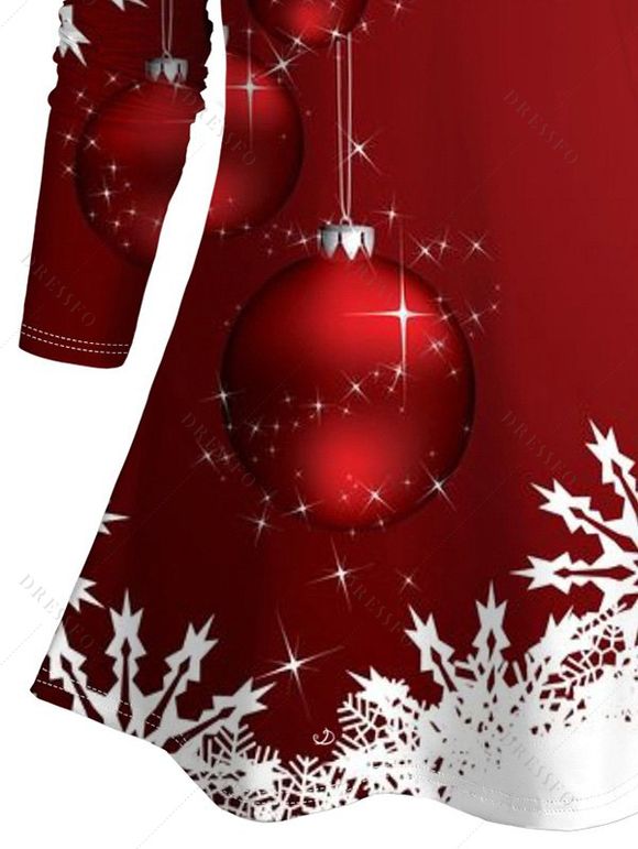 T-shirt Décontracté Flocon de Neige de Noël et Boule Imprimés à Manches Longues à Col V - Rouge L | US 8-10