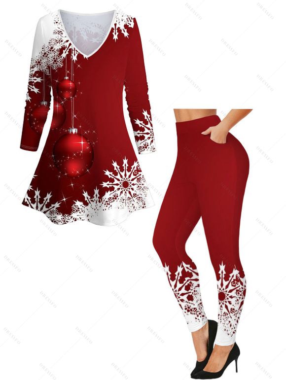 Christmas Snowflake Print Long Sleeve T-shirt And Leggings Matching Outfit - Rouge S | US 4