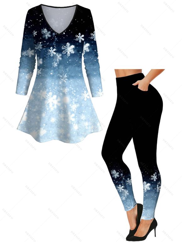 Christmas Snowflake Ombre Print V Neck Long Sleeve T-shirt And Skinny Leggings Outfit - Bleu S | US 4