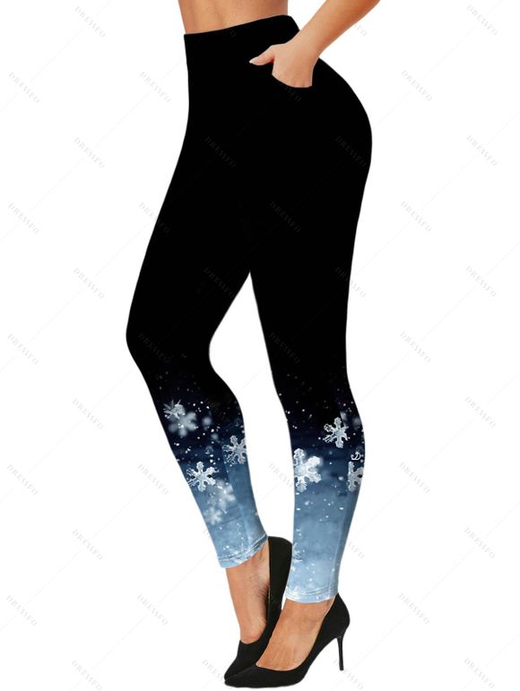 Christmas Snowflake Ombre Print V Neck Long Sleeve T-shirt And Skinny Leggings Outfit - Bleu S | US 4