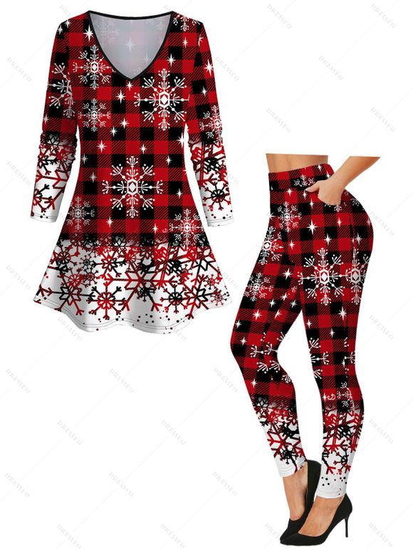 Christmas Snowflake Plaid Print V Neck Long Sleeve T-shirt And Skinny Leggings Matching Outfit - Rouge foncé S | US 4