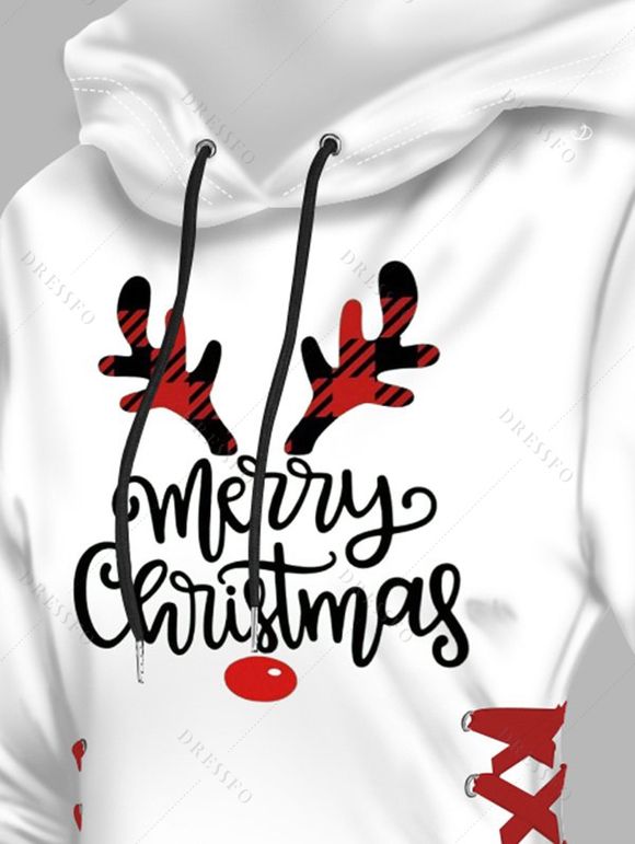 Robe Courte Trapèze à Capuche à Lettre à Manches Longues à Lacets - Blanc XL | US 12