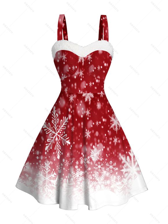 Mini Robe Flocon de Neige de Noël Imprimé Panneau en Fausse Fourrure à Volants - Rouge S | US 4