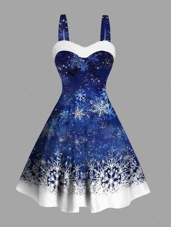 Mini Robe Flocon de Neige de Noël Imprimé Panneau en Fausse Fourrure à Volants - Bleu profond M | US 6