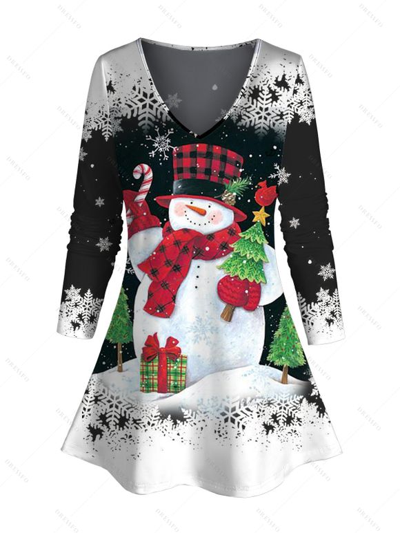 T-shirt Décontracté Sapin de Noël Flocon de Neige Imprimé à Manches Longues à Col V - Noir XXXXXL | US 20