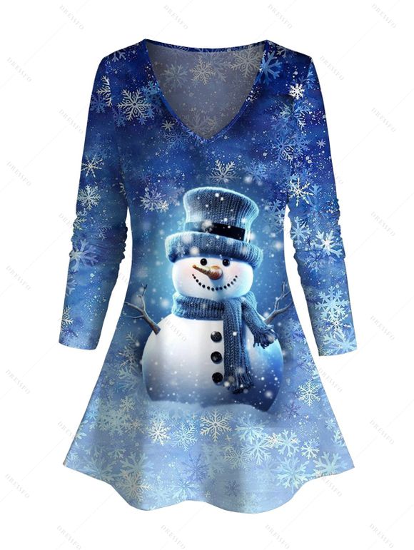 T-shirt Décontracté de Noël Flocon de Neige et Bonhomme de Neige Imprimés à Taille Haute à Manches Longues - Bleu profond XXXXXL | US 20