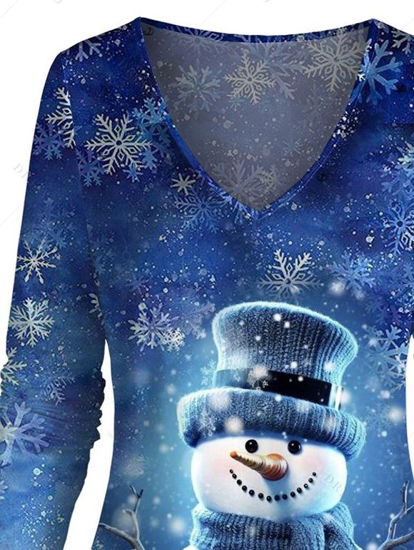 T-shirt Décontracté de Noël Flocon de Neige et Bonhomme de Neige Imprimés à Taille Haute à Manches Longues - Bleu profond XXXL | US 16