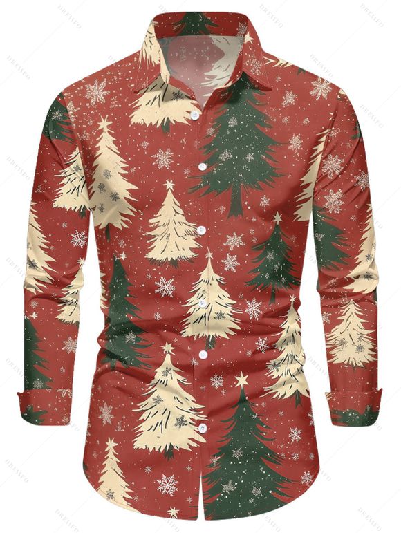 Chemise Boutonnée Imprimé Flocon de Neige et Sapin de Noël à Manches Longues - Rouge 5XL