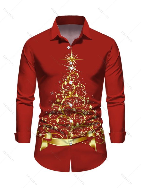 Chemise avec Boutons à Manches Longues et à Col Rabattu avec Imprimé Sapin de Noël - Rouge S