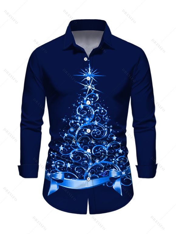 Chemise avec Boutons à Manches Longues et à Col Rabattu avec Imprimé Sapin de Noël - Bleu profond 4XL