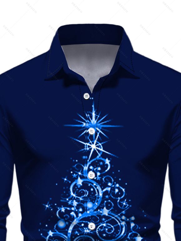 Chemise avec Boutons à Manches Longues et à Col Rabattu avec Imprimé Sapin de Noël - Bleu profond M