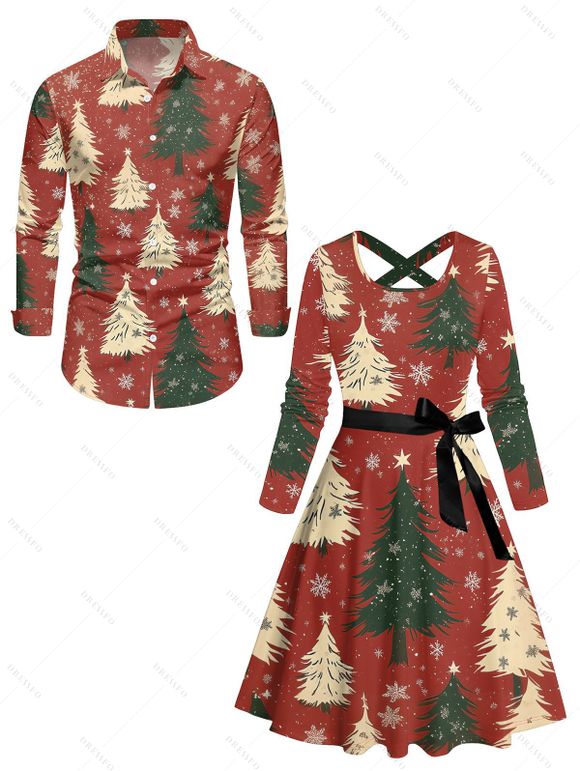 Christmas Tree Snowflake Print Crisscross Bowknot Belted Dress and Button Up Turndown Collar Shirt Outfit - Rouge S | US 4