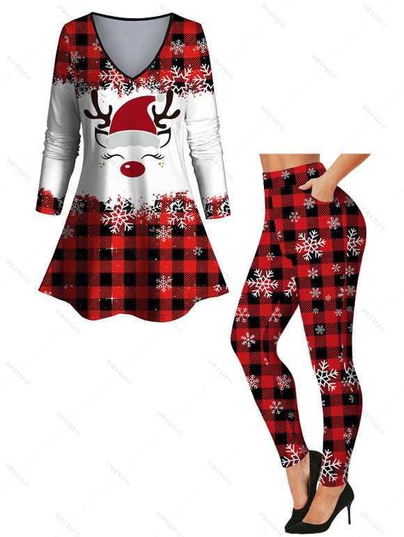 Christmas Checkerboard Hat Snowflake Antlers Print Contrast Color T-shirt and Leggings Outfit - Rouge S | US 4