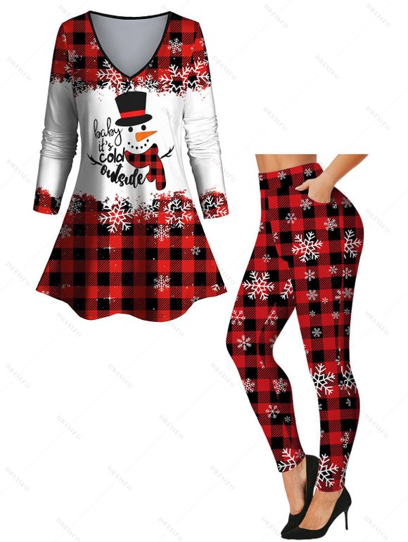 Christmas Checkerboard Hat Snowflake Antlers Print Contrast Color T-shirt and Leggings Outfit - Blanc S | US 4