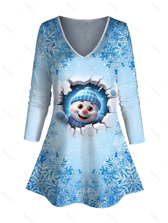 T-shirt Décontracté de Noël Flocon de Neige et Bonhomme de Neige Imprimés à Taille Haute à Manches Longues - Bleu clair XXXXXL | US 20