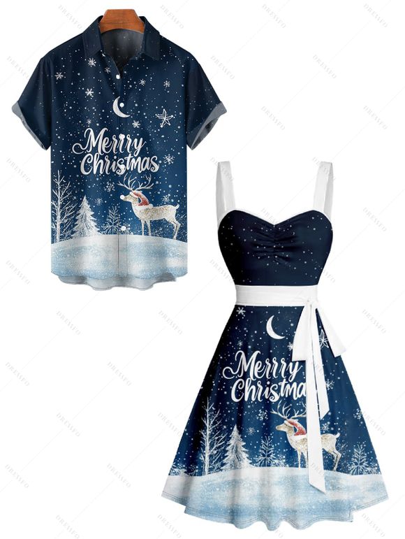 Christmas Snow Elk Moon Night Letter Print Belted Mini Dress And Button Up Short Sleeve Shirt Matching Outfit - Bleu de Minuit S | US 4