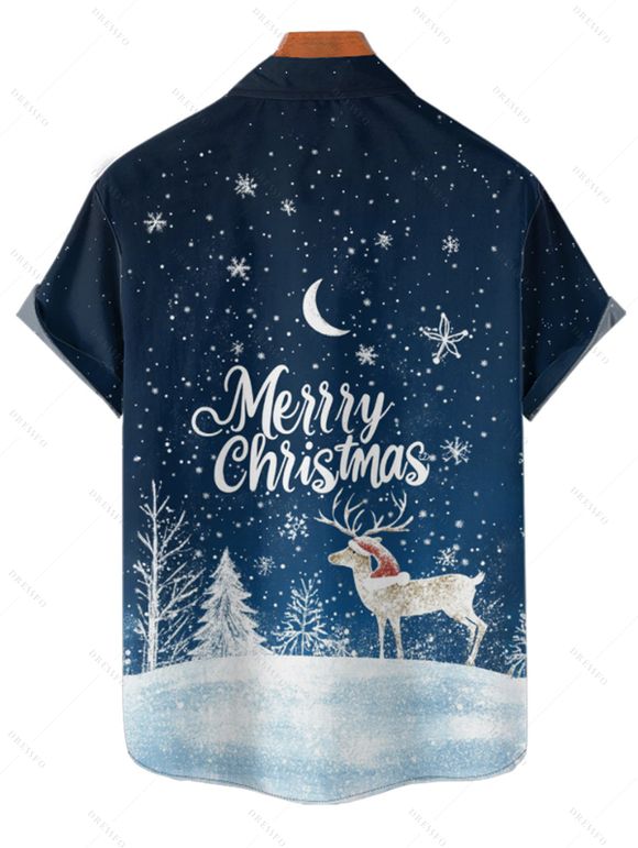 Chemise Boutonnée Cerf de Noël Lune et Neige Imprimés à Manches Courtes - Bleu de Minuit 3XL