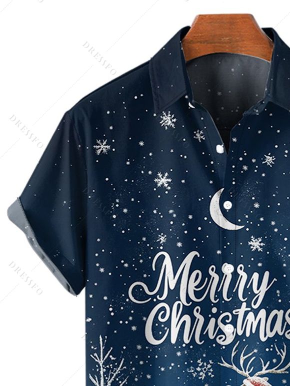 Chemise Boutonnée Cerf de Noël Lune et Neige Imprimés à Manches Courtes - Bleu de Minuit 3XL